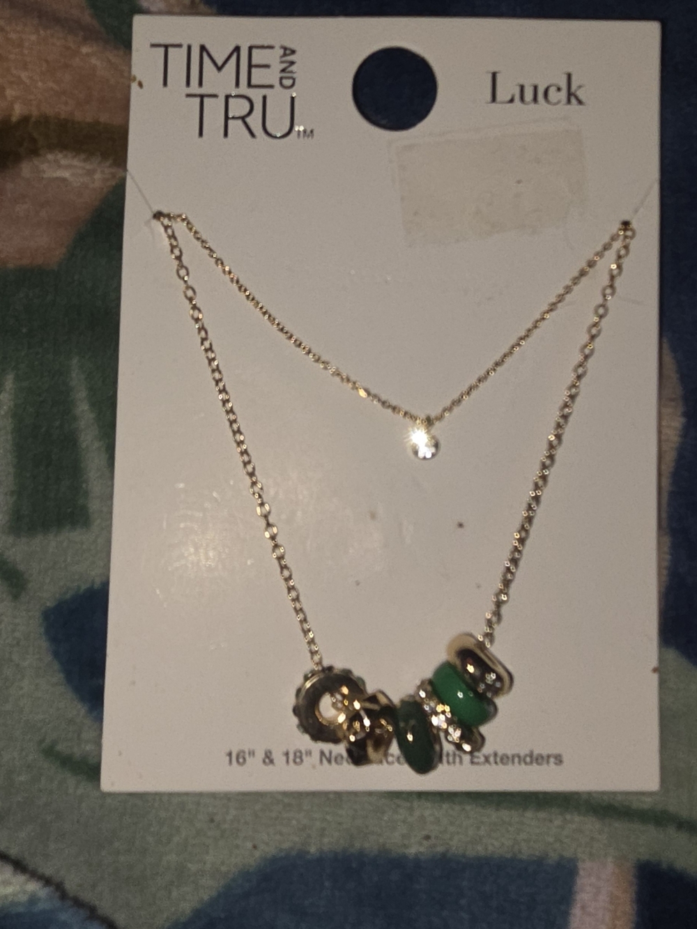 Time and Tru Gold Layered Necklace with Green Bead Charms
